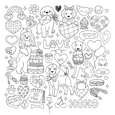 Sevgililer Günü Köpekleri Koleksiyon Taslak Vektörü, Sevgililer Günü Köpek Hattı Sanat Malı, Kawaii Köpek Yavrusu Boyama Sayfa Tasarımı Tasarımı