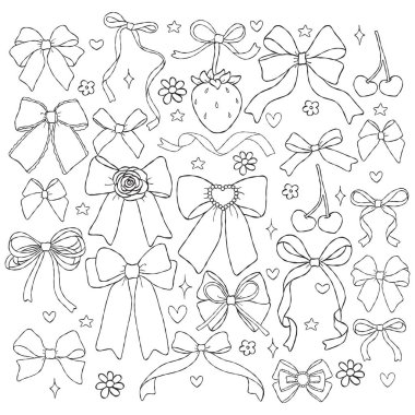 Coquette Fiyonk Koleksiyonu Taslak Vektörü, El Çizimi Fiyonk Çizgisi Sanat Karalaması, Moda Hazırlıklı Kız Yayı Çizim Çizimi Çizim Çizimi Sayfa Boyama Tasarımı