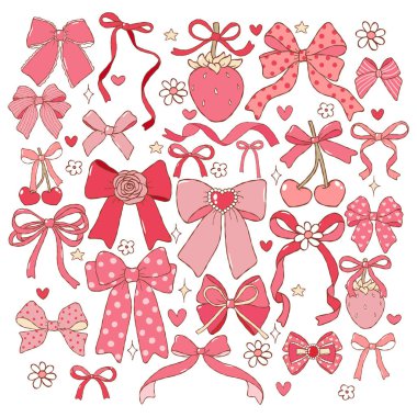 Coquette Fiyonk Koleksiyon Vektörü, El Çizimi Kurdele Yayları, Moda Hazırlıklı Kız Yayı El Tasarımı Vektörü