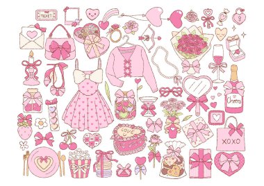 Coquette Valentine Tahsilat Vektörü, El Çizimi Buluşma Gecesi Sevgililer Günü Doodle, Moda Hazırlıklı Kız Koleksiyonu Tasarım Vektörü