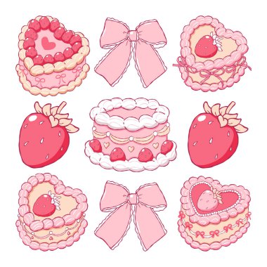 Çilekli Sevgililer Günü Pastası Koleksiyon Vektörü, El Çekimi Vintage Pasta Keki Kuklası, Moda Pembe Sevgililer Günü Kekleri Tasarım Vektörü