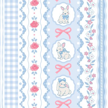 Coquette Bunny Kusursuz Desen, Mavi Vintage Paskalya Dijital Kağıdı, Kurdele Yayı ve Dantel Fabrika Dosyası, Pembe Güller Lacy Çizgileri Tekrarlayan Tasarım Vektörü