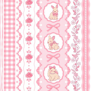 Coquette Tavşanı Kusursuz Şablon, Pembe Vintage Paskalya Dijital Kağıdı, Kurdele Yayı ve Dantel Fabrika Dosyası, Pembe Güller Lacy Çizgileri Tekrarlayan Tasarım Vektörü