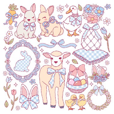 Coquette Paskalya Koleksiyon Vektörü, Mavi Gingham Doodle, Şirin Mavi Oyuncak Bebek Hayvanlar Paskalya Tasarım Vektörü