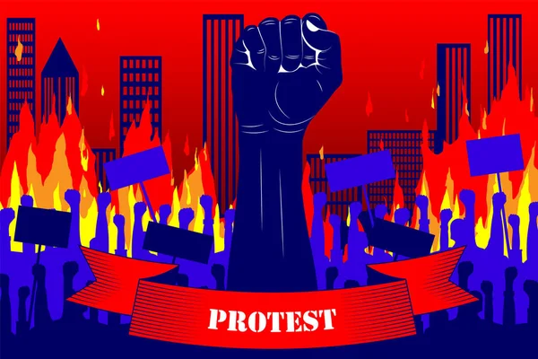 Tiltakozom Egy Felemelt Ököl Sziluettje Egy Szalaggal Amin Áll Tüntetés — Stock Vector