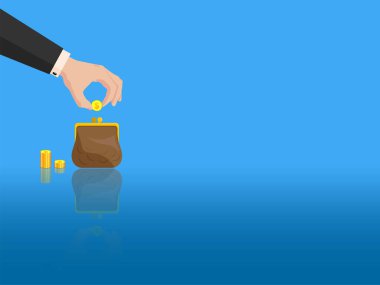 Takım elbiseli bir iş adamının eli, yansıma efektli deri bir çantaya altın bir dolar koyar. Kredi, mevduat, borç para, tasarruf ve finans, bankacılık. Vektör siyah izole edildi