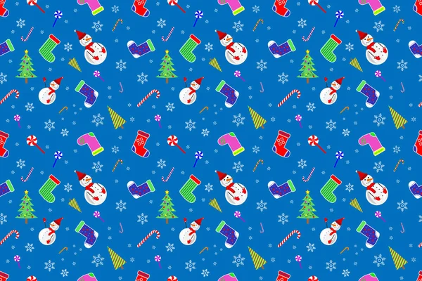 Kusursuz süs, desen, arka plan, doku ve şablon. Farklı Noel çorapları ve tatlılar, şekerler ve lolipoplar, ağaçlar, kardan adamlar ve kar taneleri, çok renkli yeni yıl süslemeleri
