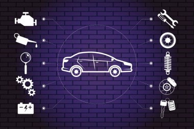 Araba servisi, onarım, tanılama ve lastik montajı. Arabanın etrafında tamir için ikonlar var. Araba ve aletler, enstrümanlar, arka planda tuğla ve tuğla aydınlatma duvarları olan makine parçaları. Vektör