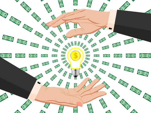 ビジネスのアイデア ビジネススーツのビジネスマンは電球を手に持っている 電球の金ドル硬貨は緑の紙幣の形で光を放射する 100万ドルのアイデアだ ベクトル絶縁 — ストックベクタ