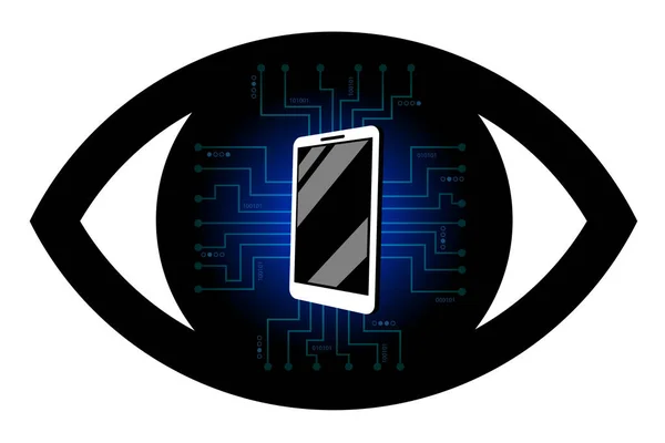Gezici casusluk. Dijital arka planda akıllı telefon. İzleme gözü, kimlik hırsızlığı. Beyaz izole bir arka planda siyah bir göz. Kişisel bilgileri çalan saldırganlar, uygulamalar, virüsler.