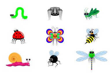 Komik çizgi film böcekleri. Farklı duygular ve duruşlar. 9 görüntüden oluşan bir set. Çocuk yayınları, baskılar, web siteleri ve dükkanlar için vektör. İzole edilmiş beyaz bir arkaplanda. Çeşitli parlak böcekler