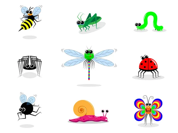 Funny Cartoon Insects Different Emotions Postures Set Images Vector Children — Stock Vector