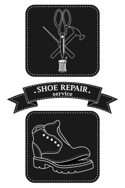 Ayakkabı tamiri ve bakım servisi. Logonun vektör görüntüsü. Eski moda bir konsept. Ayakkabıcı, ayakkabı tamircisi logosu şablonu. Kadın ve erkek ayakkabılarının tamiri. Çizmeler ve bir takım araçlar silueti