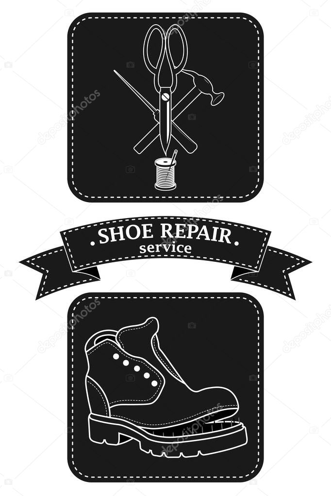 Shoe repair service and maintenance. Vector image of logo. Trendy concept in old retro style. Shoemaker, cobbler logo template. Repair of women's and men's shoes. Boots and a set of tools silhouette