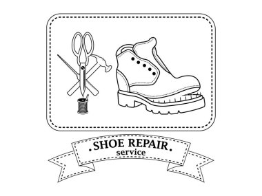 Ayakkabı tamiri ve bakım servisi. Logonun vektör görüntüsü. Eski moda bir konsept. Ayakkabıcı, ayakkabı tamircisi logosu şablonu. Kadın ve erkek ayakkabılarının tamiri. Çizmeler ve bir takım araçlar silueti