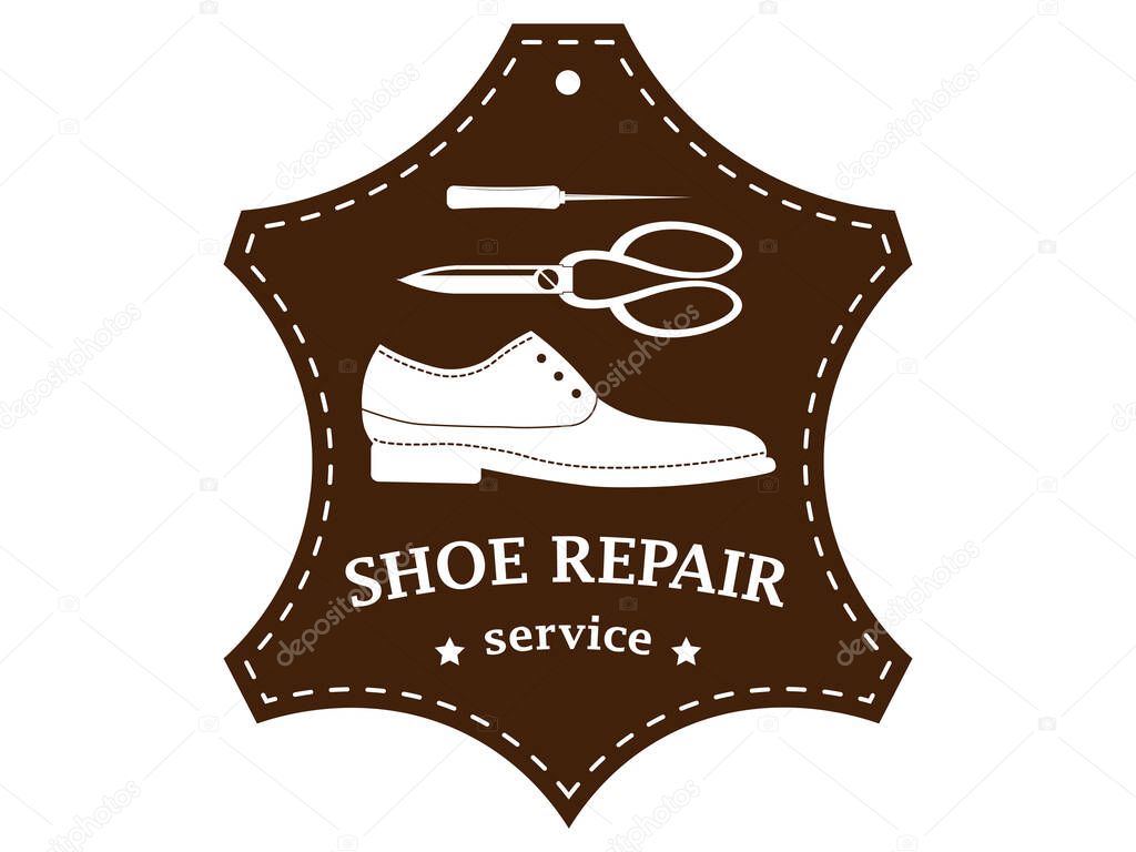 Shoe repair service and maintenance. Vector image of logo. Trendy concept in old retro style. Shoemaker, cobbler logo template. Repair of women's and men's shoes. Shoes and a set of tools silhouette