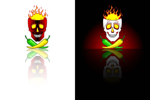 Hot Yellow Green Mexican Chili Peppers Background Burning Skull Super — Vector de stock