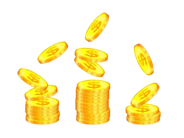 Illustratie Van Verschillende Stapels Gouden Dollarmunten Stijl Een Witte Geïsoleerde — Stockvector
