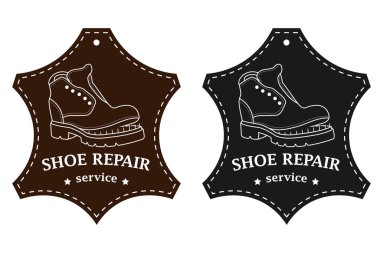 Ayakkabı tamiri ve bakım servisi. Logonun vektör görüntüsü. Eski moda bir konsept. Ayakkabıcı, ayakkabı tamircisi logosu şablonu. Kadın ve erkek ayakkabılarının tamiri. Ayakkabılar ve bir takım aletler silueti