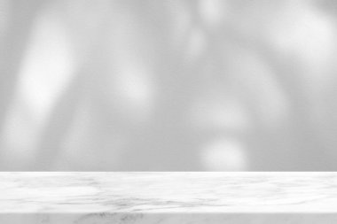 Beton Duvar Dokusunda Bush Gölgesi olan Beyaz Mermer Masa Ürün Sunum Arkaplanı, Görünüm ve Moda İçin Uygun.