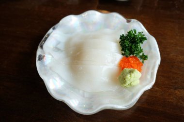 Japonya 'nın ünlü deniz ürünlerinden biri olan taze Sashimi Squid' i kapatın..