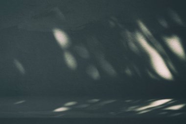 Bokeh ve Tree Shadow ile Taş Masa ve Tidewater Green Tone 'da Beton Duvar Dokuma Arkaplanı Bokeh Ürün Sunumu, Görünüm ve Moda İçin Uygun.