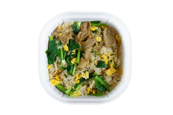 Gebratener Reis Mit Schweinefleisch Weißer Plastikbox lizenzfreie Stockfotos