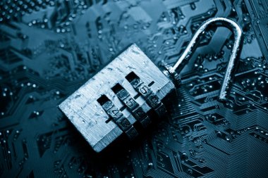 Unlock security lock on circuit board clipart