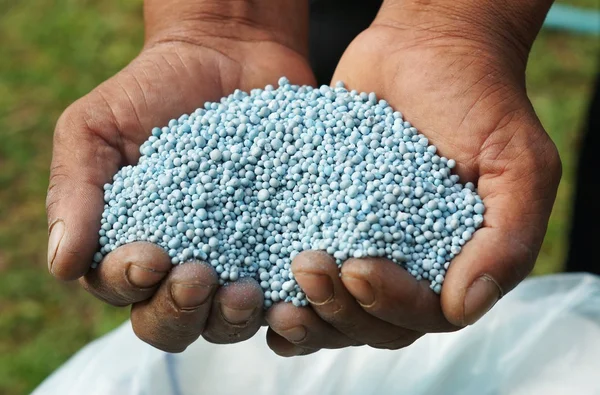 Mãos segurando fertilizante artificial — Fotografia de Stock