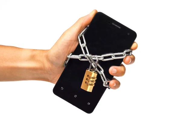 Hand holding a chained smartphone — Stock Photo, Image