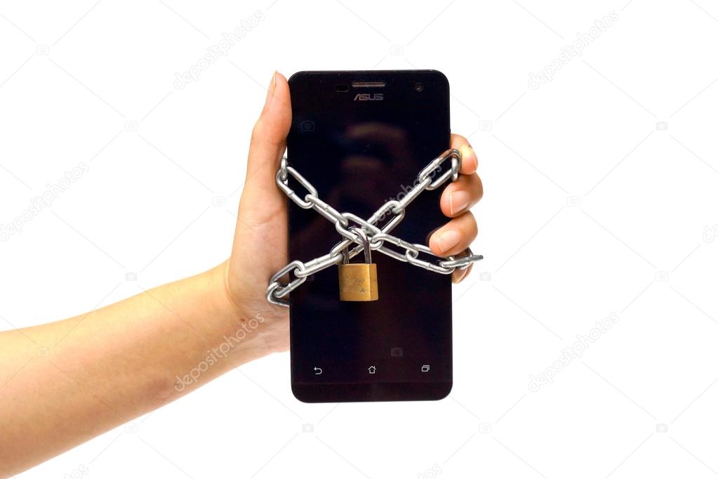 hand holding a chained smartphone