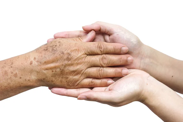 Weibliche Hände berühren alte weibliche Hand — Stockfoto