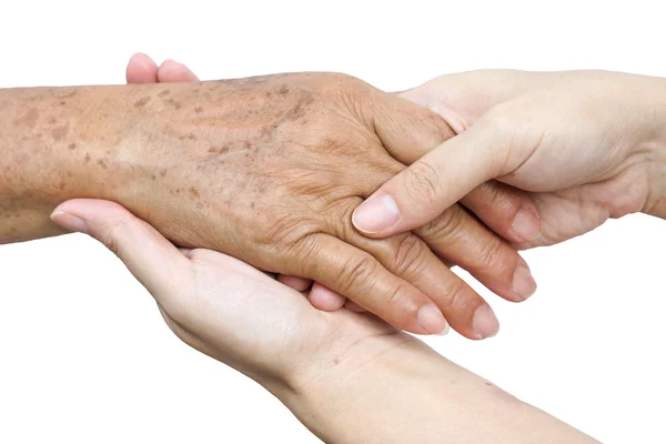 Weibliche Hände berühren alte weibliche Hand — Stockfoto