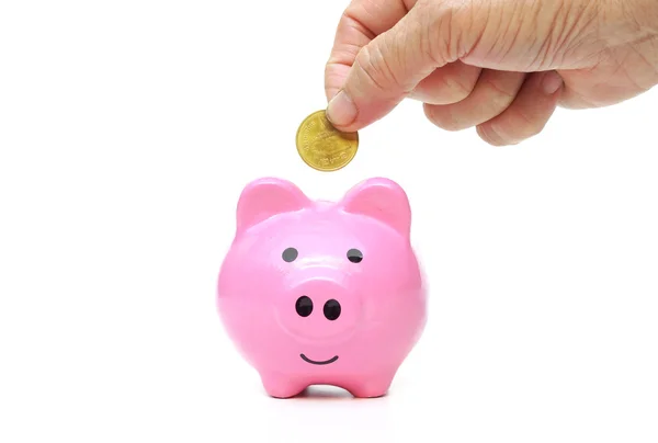 Hand of putting coin into a piggy bank — Stock Photo, Image