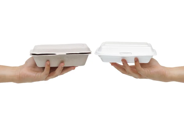 Caja de comida de papel vs. caja de espuma — Foto de Stock