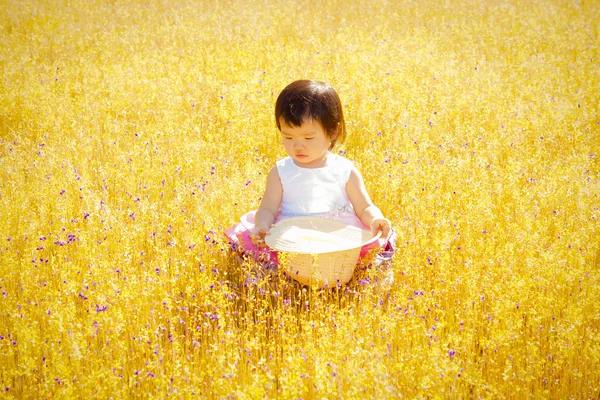 Baby girl sitting in a field — Stockfoto