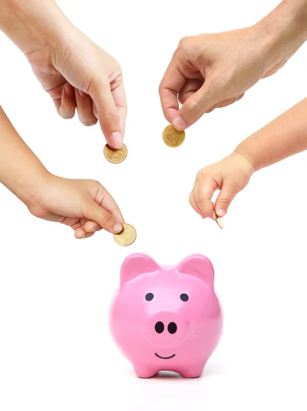 People in the family doing saving money in a pink piggybank Stock Picture