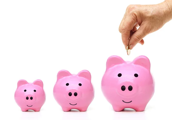 Hand putting golden coin to piggy bank — Stock Photo, Image