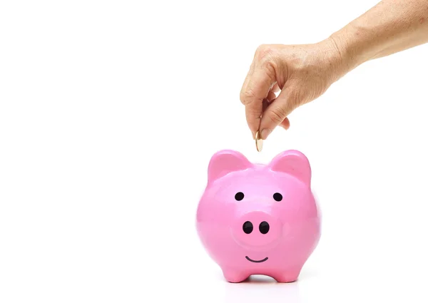 Hand putting coin into a piggy bank — Stock Photo, Image
