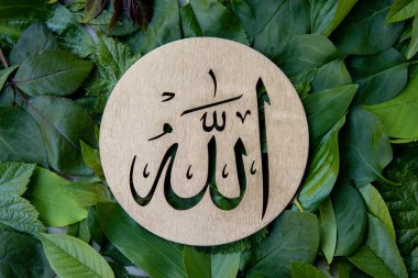 Arapçada altın ahşap, yeşil yapraklı arka planda Allah 'ın adı. Kaligrafi, İslam 'ın Kudretli Tanrısı anlamına gelir..