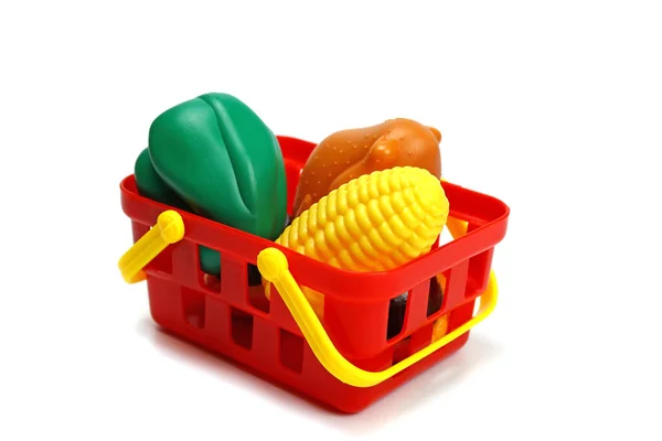 Supermarket Košík Hraček Nákupy Izolované Bílém — Stock fotografie