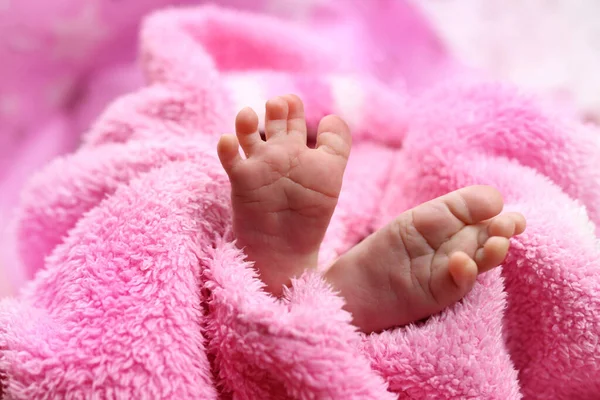 Cute feet of newborn baby on the blanket. The concept of love, health and care