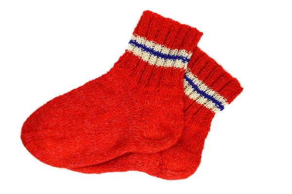 Ζευγάρι Μάλλινες Πλεκτές Χειμερινές Κάλτσες Απομονωμένες Λευκό — Φωτογραφία Αρχείου