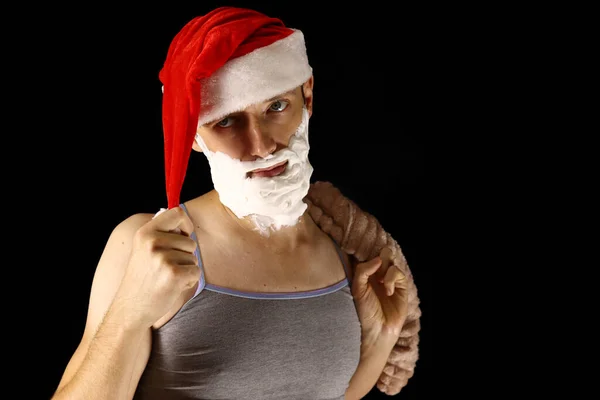 Kerstman Man Met Een Baard Gemaakt Van Scheerschuim Gekleed Home — Stockfoto