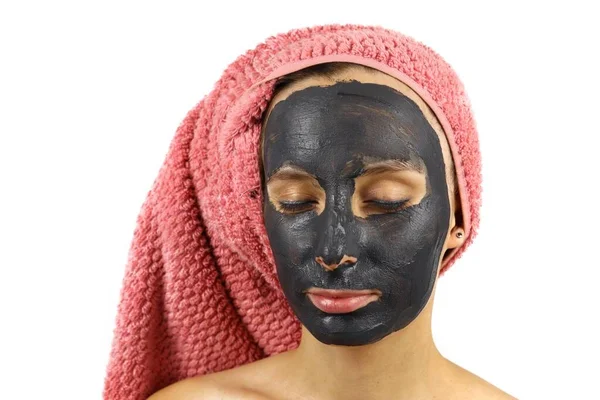 Girl Clay Cosmetic Mask Her Face Spa Procedures Isolated White — Stock Photo, Image