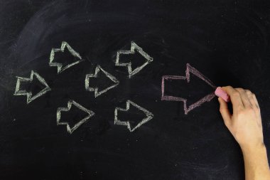 El, tahtasında tebeşirle lideri takip eden oklar çiziyor. Liderlik kavramı