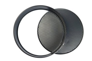 Parçalanmış yuvarlak metal fırın kabı ve yapışmaz kaplama beyaz, üst görünümde izole