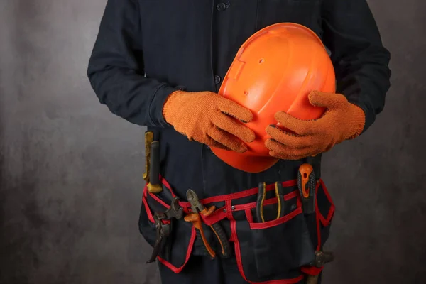 Construction Worker Belt Tools Helmet Hand — Stock Photo, Image