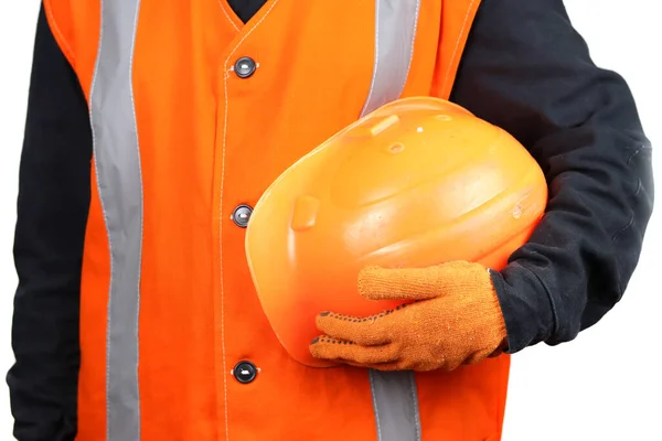 Engineer Holds Orange Helmet Isolated White — Stock Photo, Image