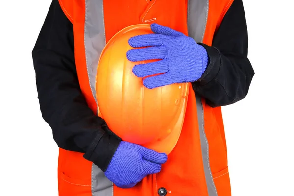 Инженер Держит Оранжевый Шлем Изолированный Белом — стоковое фото